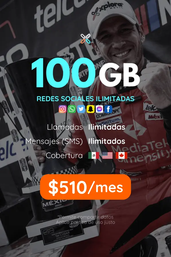 100GB Plan POPULAR mensual. Llamadas, SMS y redes sociales ilimitadas. Cobertura México, Estados Unidos y Canadá