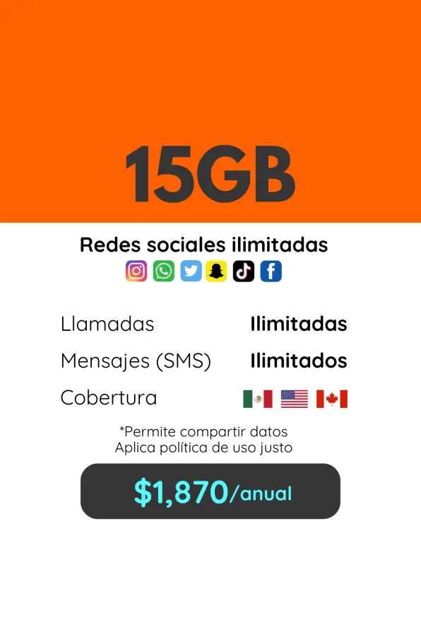 15GB Plan trimestral. Llamadas, SMS y redes sociales ilimitadas. Cobertura México, Estados Unidos y Canadá