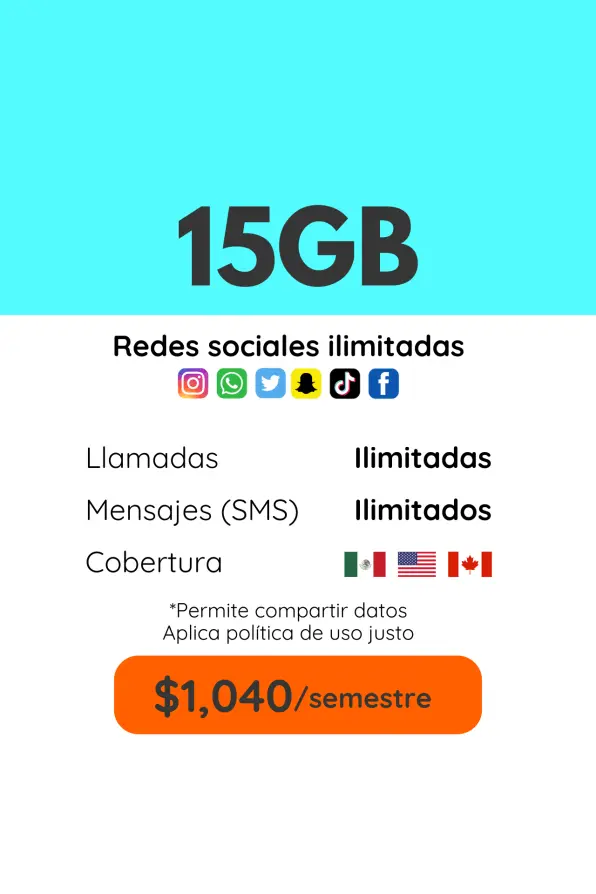 15GB Plan trimestral. Llamadas, SMS y redes sociales ilimitadas. Cobertura México, Estados Unidos y Canadá