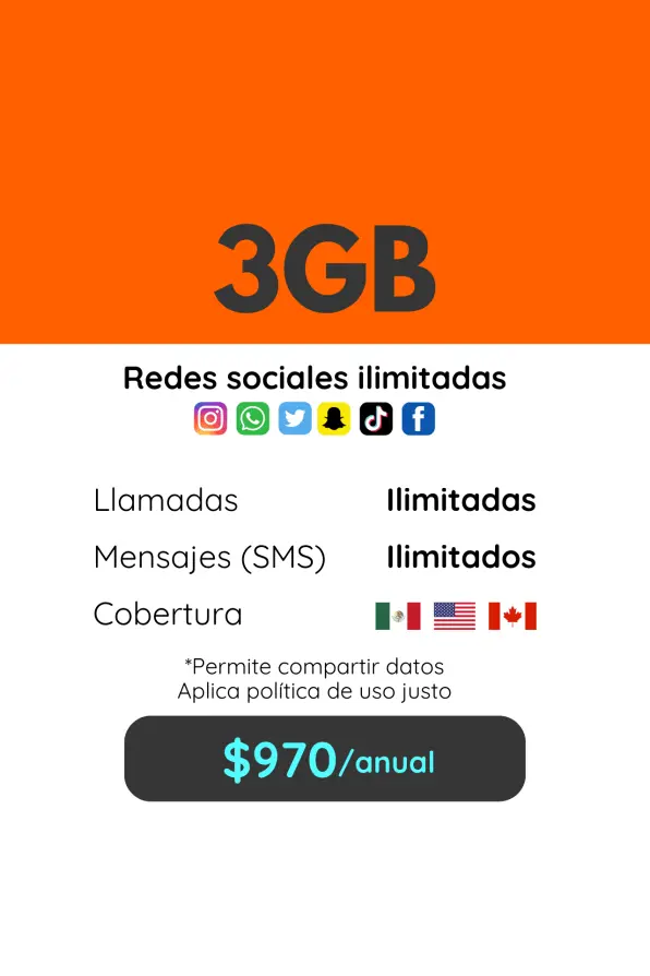 3GB Plan anual. Llamadas, SMS y redes sociales ilimitadas. Cobertura México, Estados Unidos y Canadá