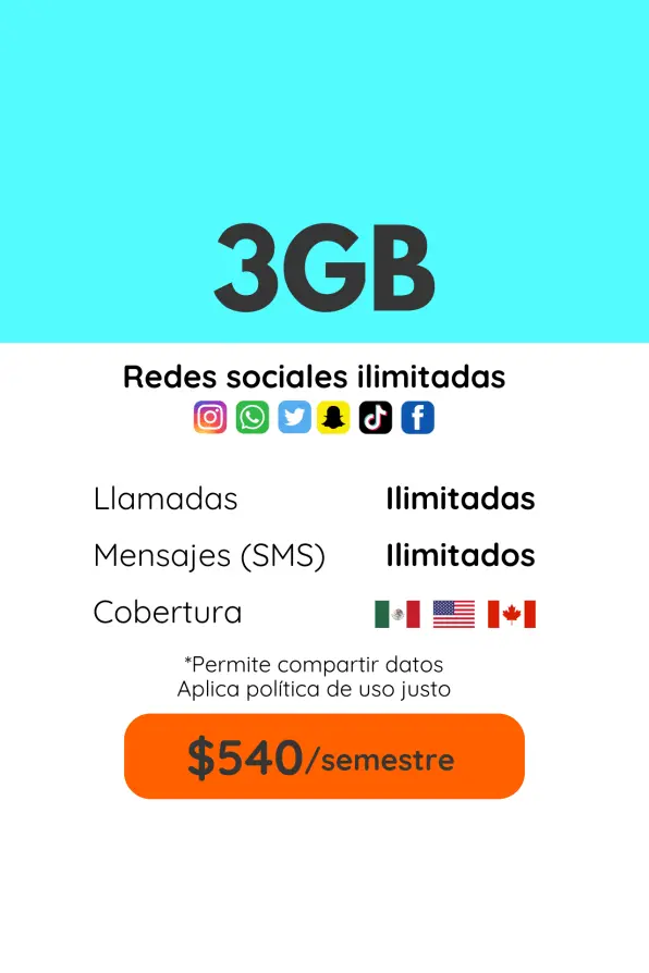 3GB Plan semestral. Llamadas, SMS y redes sociales ilimitadas. Cobertura México, Estados Unidos y Canadá