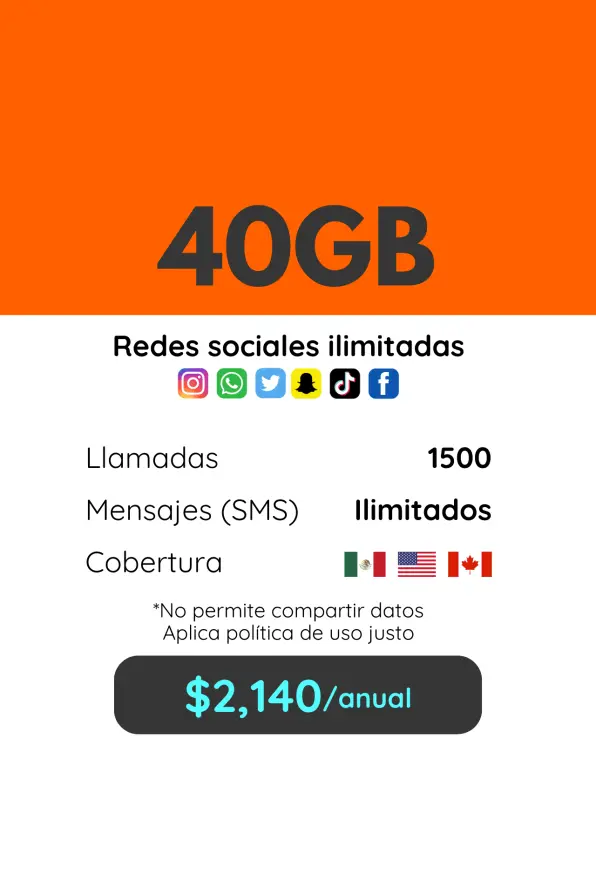 40GB Plan trimestral. Llamadas, SMS y redes sociales ilimitadas. Cobertura México, Estados Unidos y Canadá