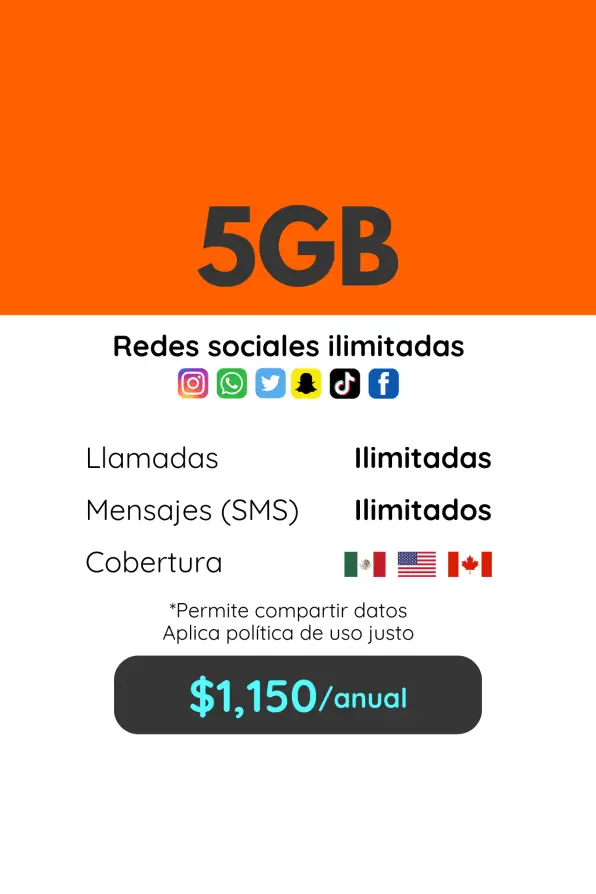 5GB Plan trimestral. Llamadas, SMS y redes sociales ilimitadas. Cobertura México, Estados Unidos y Canadá