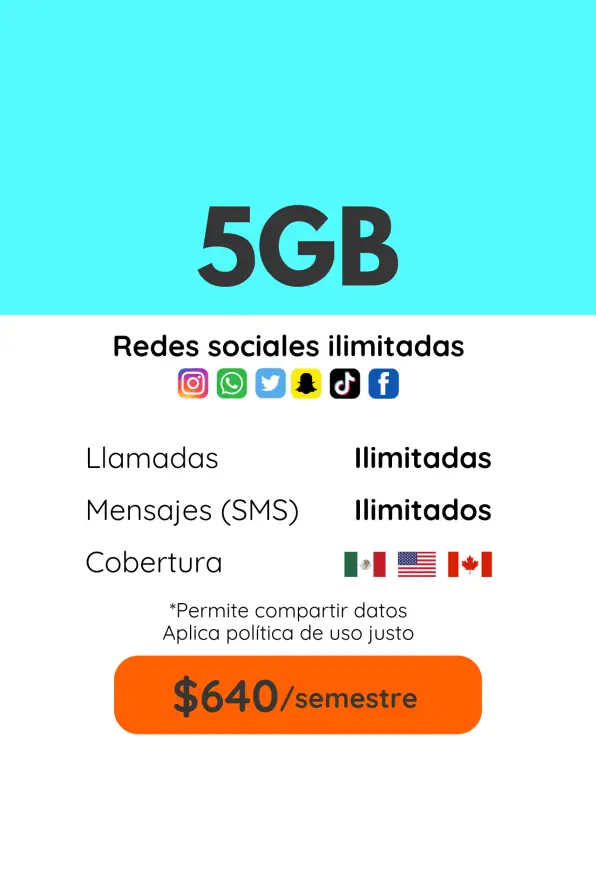 5GB Plan trimestral. Llamadas, SMS y redes sociales ilimitadas. Cobertura México, Estados Unidos y Canadá